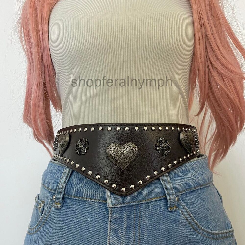 Dark Brown Y2K Western Heart Studded Corset Cinch Belt, Fits 27 Inches, X7GA1489 - Picture 1 of 6
